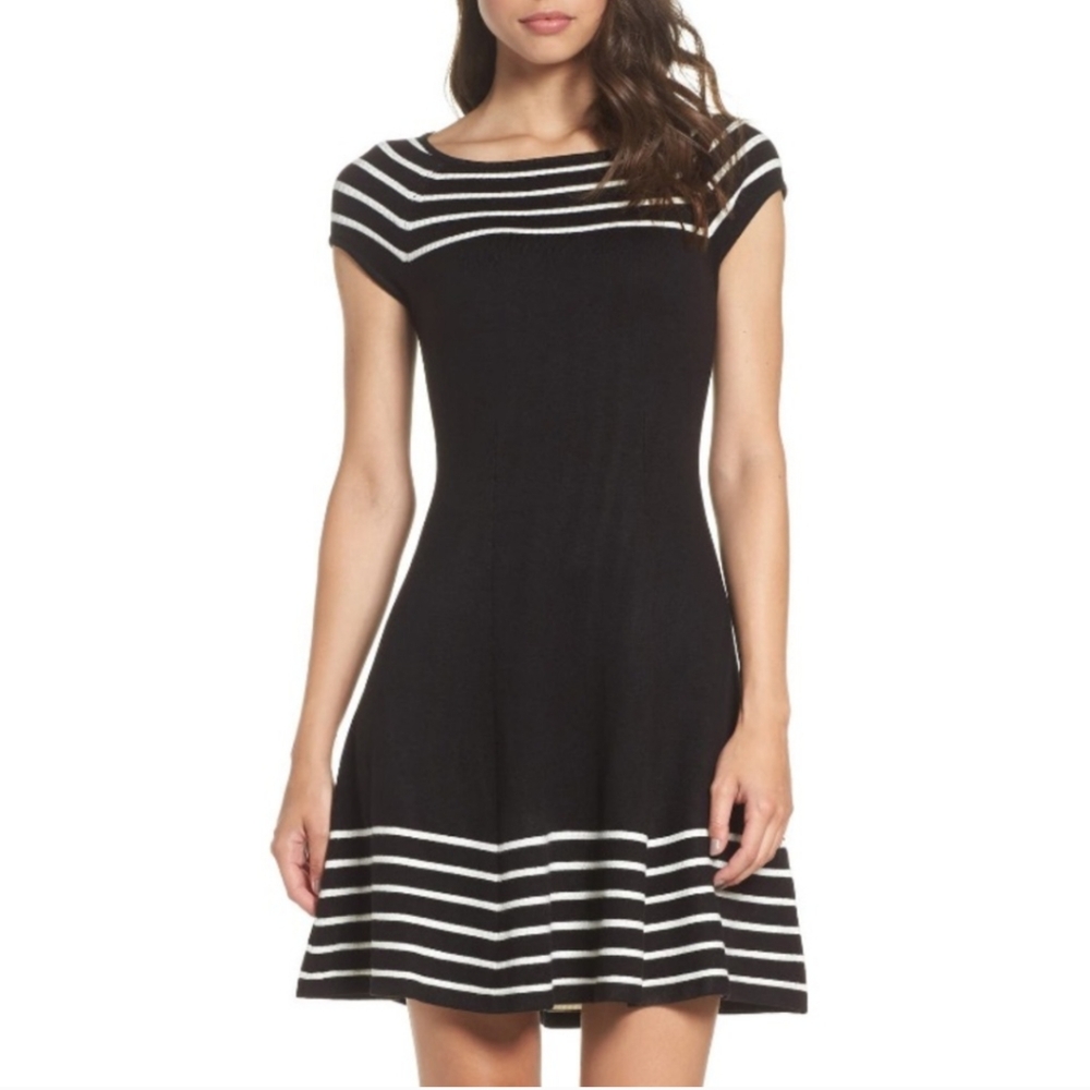 Eliza J Black White Striped Knit Flared Dress Size Medium